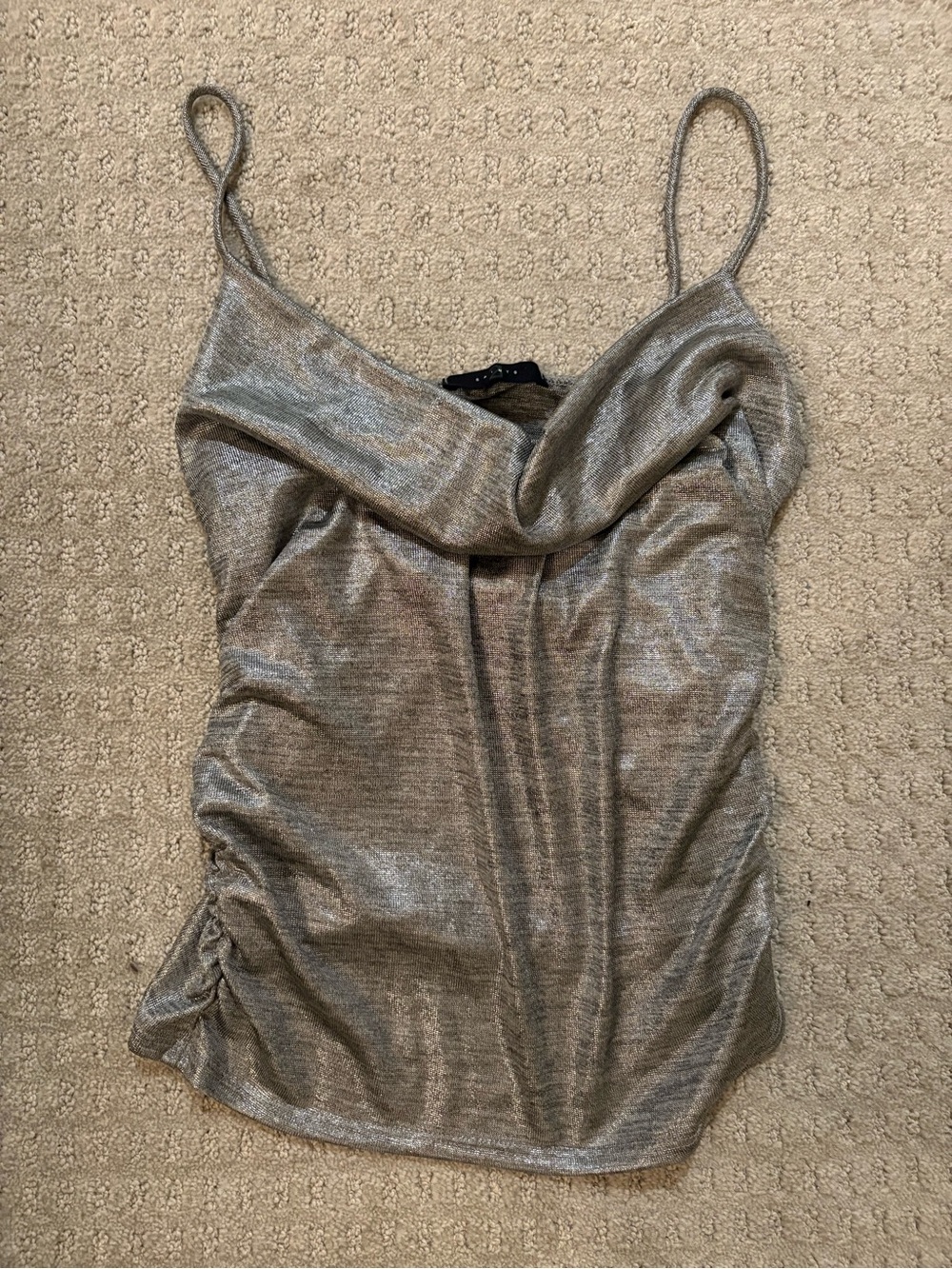 Metallic Silver Cowl Neck Spaghetti Strap Tank Top